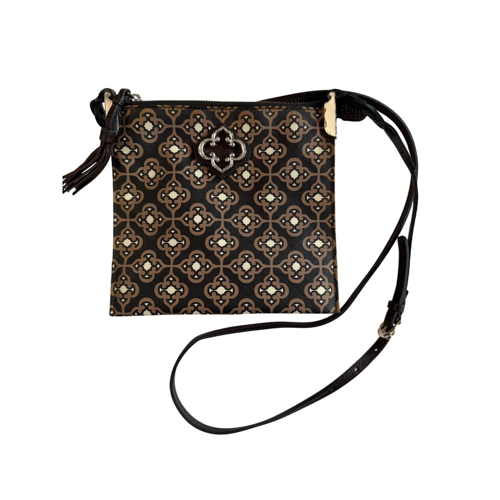 Brighton Coated Canvas Renata Toledo Crossbody Bag Brown Geometric Leather Trim
